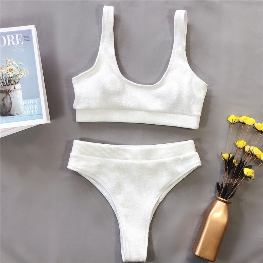 White Rib Knit High Waist 2 Piece Bikini Set - Picture 6 of 16